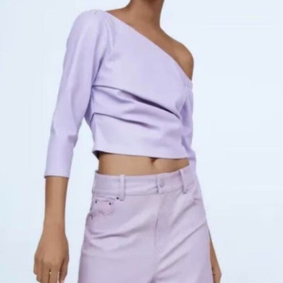 Zara Faux Leather One Shoulder 3/4 Sleeve Cropped Top  - Size Small in Lilac - Picture 1 of 7